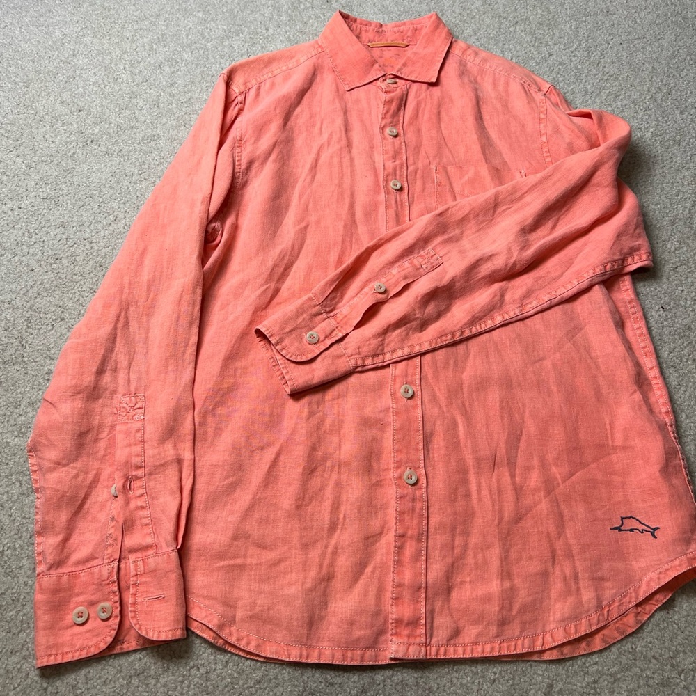 Mens tommy Bahama button down shirt plain orange 100% linen